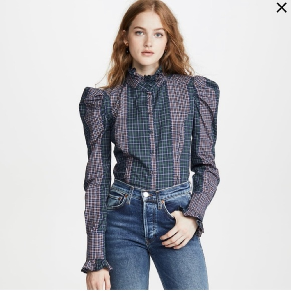 Petersyn Sasha Puff Shoulder Plaid Button‎ Down Shirt Medium
